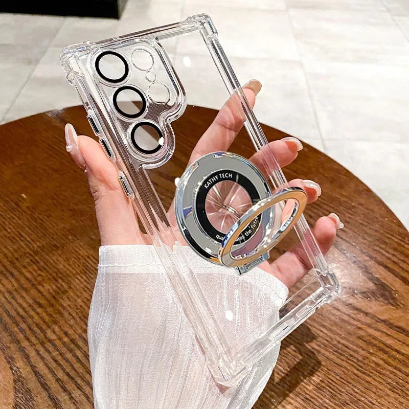 Luxury Magnetic Plating Stand Shockproof Clear Case For Samsung Galaxy S25 S24 Ultra S23 S22 Note 20 10 Plus Acrylic Back Cover