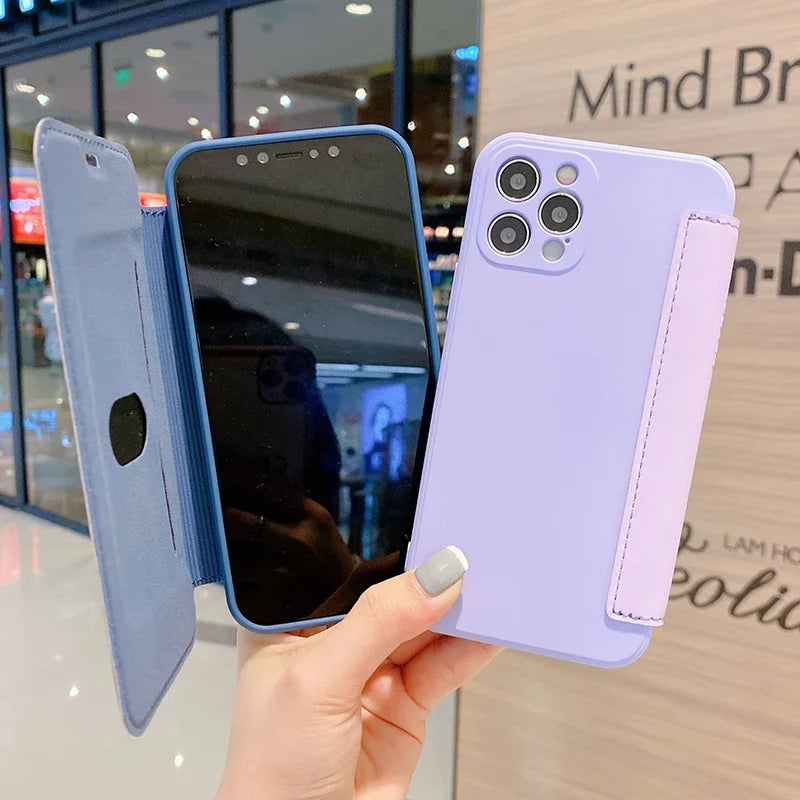 Flip Leather Liquid Silicone Case For iphone 16 Pro Max 14 12 13 11 15 X XR XS Plus SE2022 Lens Protection Cards Solt Book Cover