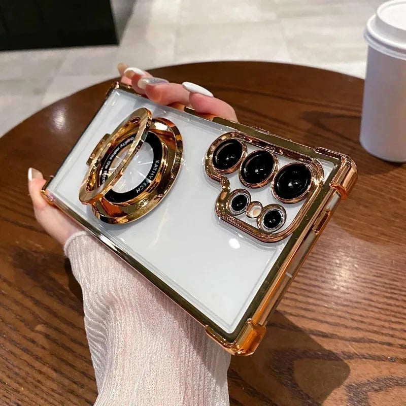 Luxury Magnetic Plating Stand Shockproof Clear Case For Samsung Galaxy S25 S24 Ultra S23 S22 Note 20 10 Plus Acrylic Back Cover