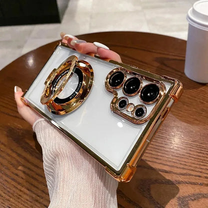 Luxury Magnetic Plating Stand Shockproof Clear Case For Samsung Galaxy S25 S24 Ultra S23 S22 Note 20 10 Plus Acrylic Back Cover
