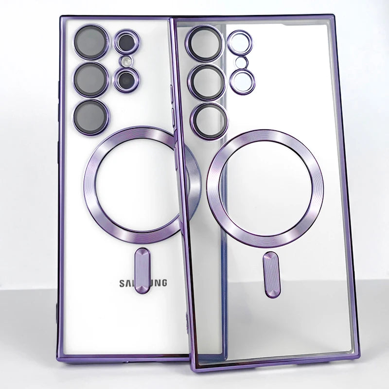 Plating Transparent For Magsafe For Samsung Galaxy S21 S22 S23 S24 Ultra Plus Case magnetic Wireless charging Silicone Cover