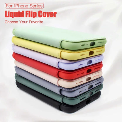 Flip Leather Liquid Silicone Case For iphone 16 Pro Max 14 12 13 11 15 X XR XS Plus SE2022 Lens Protection Cards Solt Book Cover
