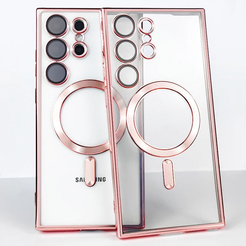 Plating Transparent For Magsafe For Samsung Galaxy S21 S22 S23 S24 Ultra Plus Case magnetic Wireless charging Silicone Cover