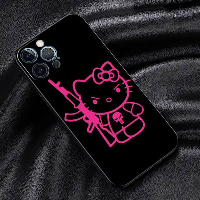 Phone Case For iPhone 11 12 13 14 Pro Max Mini XS XR X 8 7 6S 6 15 se Plus Black Silicone Cover Fundas Cute Cool Hello Kitty Cat